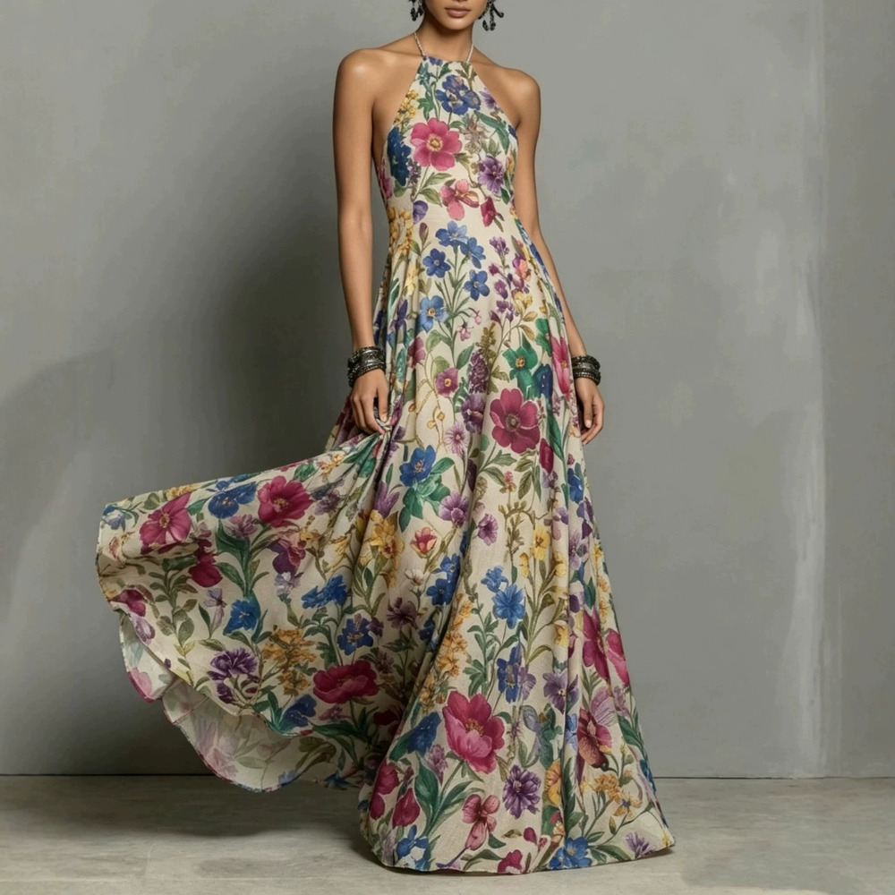 Forever 21 Summer Floral Print Halter Neck Maxi Dress Fitted Flowy A-Line
